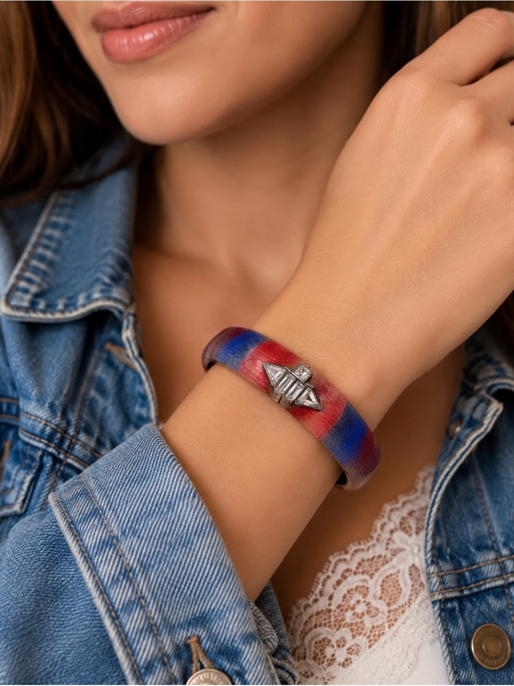 Alexis Bittar Lucite Crystal Hinged Bangle Bracelet Art Deco Red Blue Statement